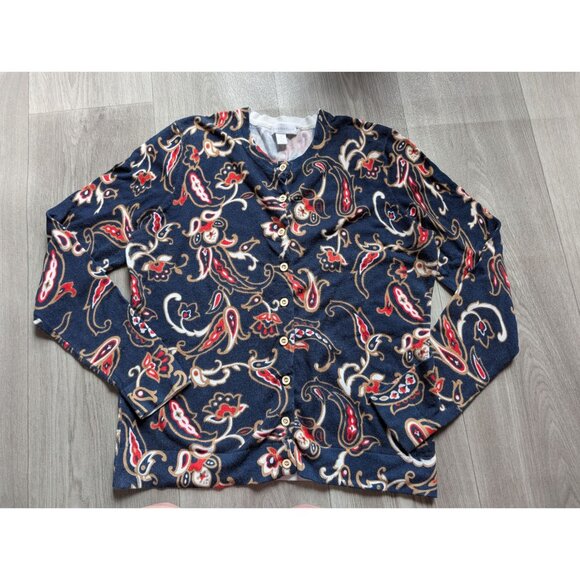 Charter Club Womens Paisley Button Cardigan Sweater M 100% Cotton Navy/Red - Picture 2 of 7